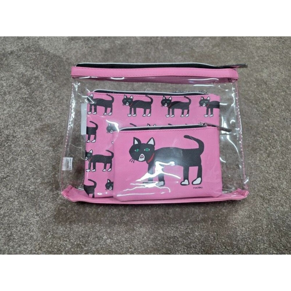 Marc Tetro Black Cat 3 Piece Travel Pouch Set Cosmetic Makeup Bag Clutch Pink
